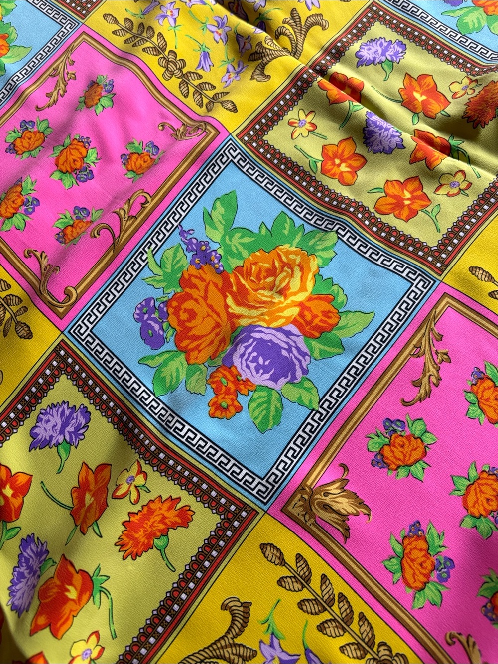 Floral Patchwork Silk scarf - Pink, Yellow, Blue